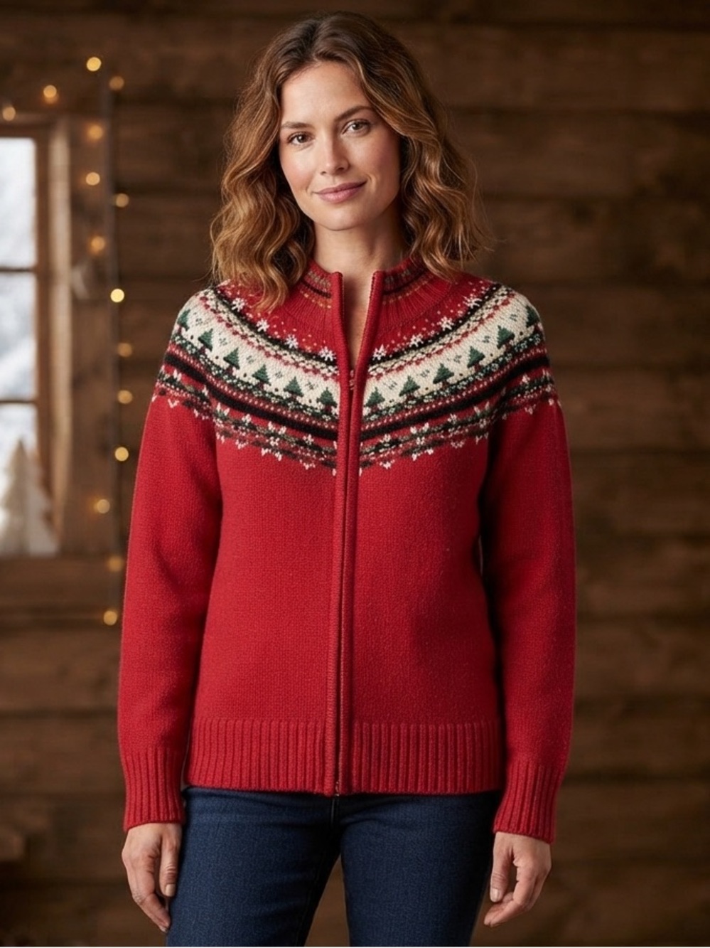 Vintage Casual Corner Annex Red Fair Isle Nordic Full Zip Cardigan Sweater
